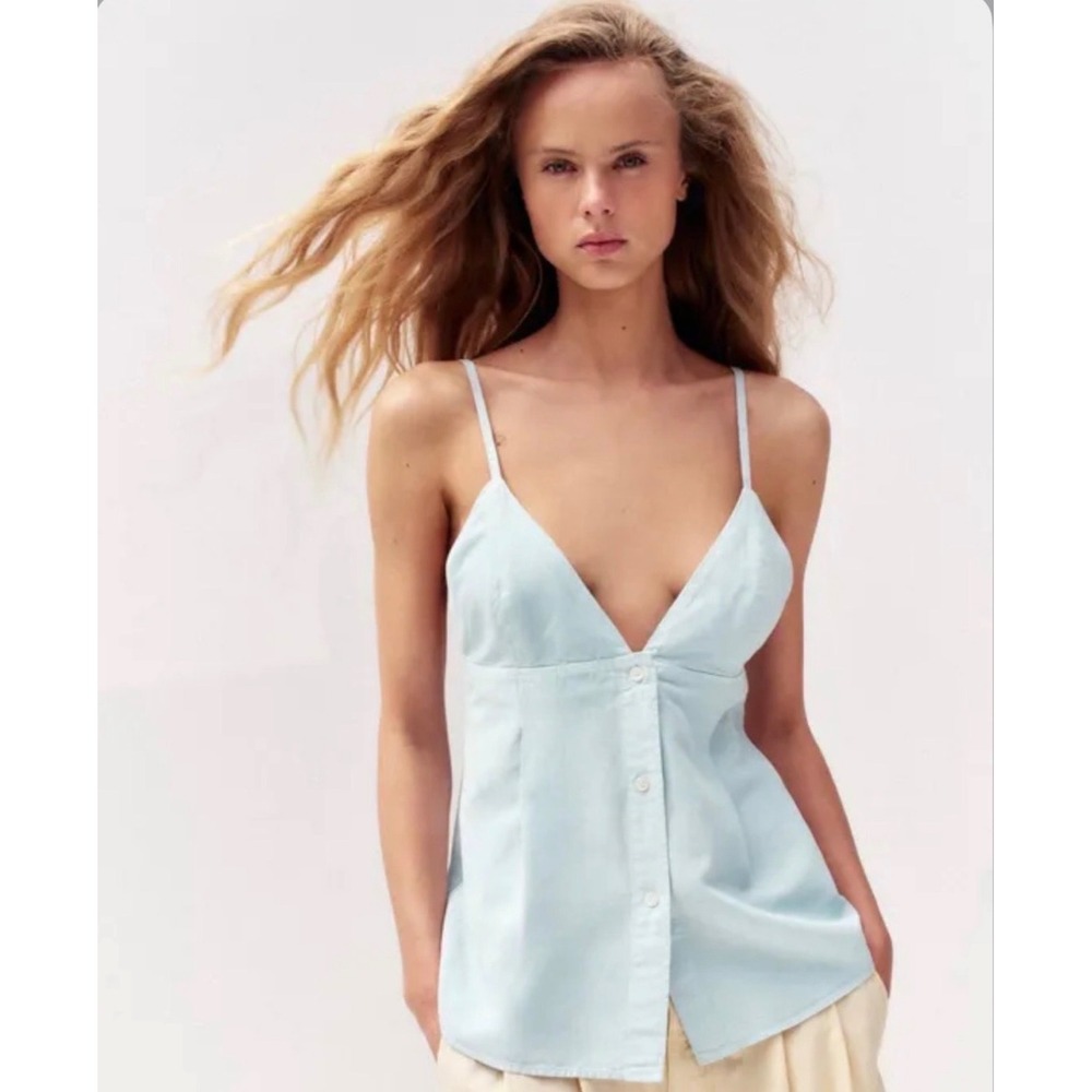 Zara Women XXL‎ Light Blue Linen Blend Button Front V-Neck Camisole Tank Top NWT